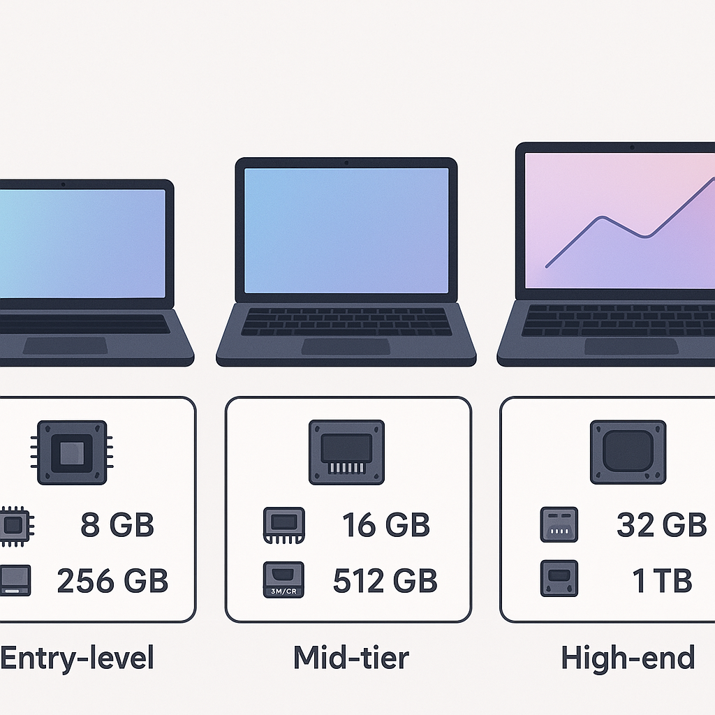 Laptop lineup visualization showing different price tiers with representative models and their key specs in an infographic style