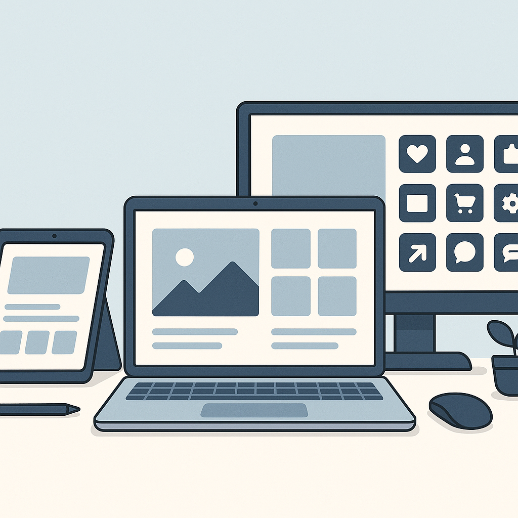 Digital workspace showing various digital products like templates, icons, and designs on multiple screens 관련 이미지