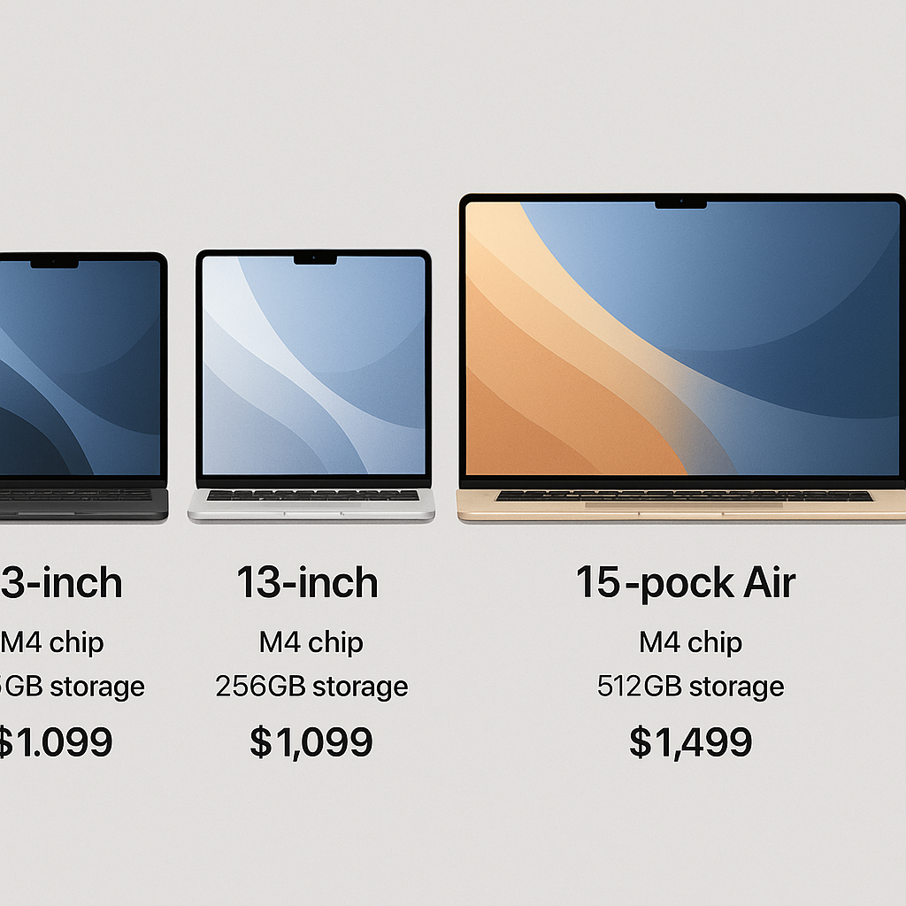 MacBook Air M4 lineup showing different sizes and color options with detailed specifications and pricing