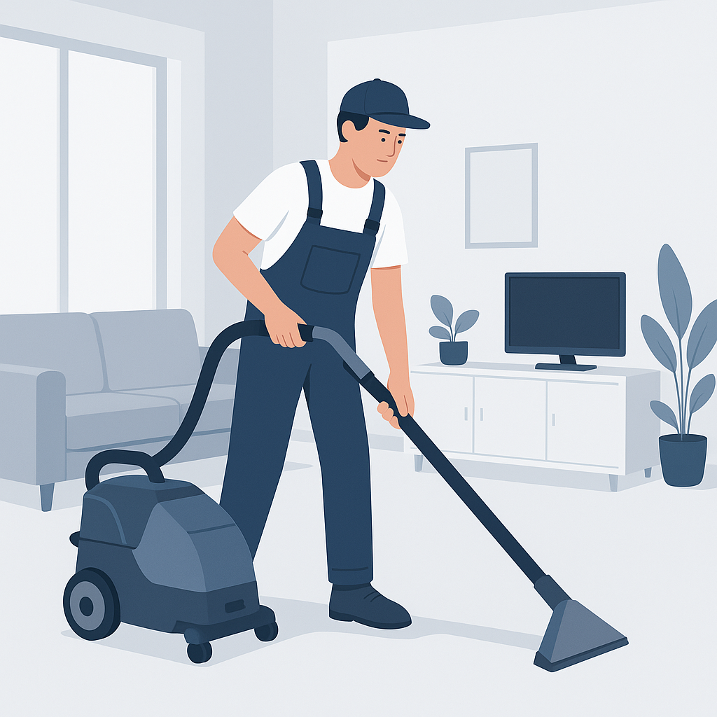 Person providing cleaning services with professional equipment, modern apartment setting 관련 이미지
