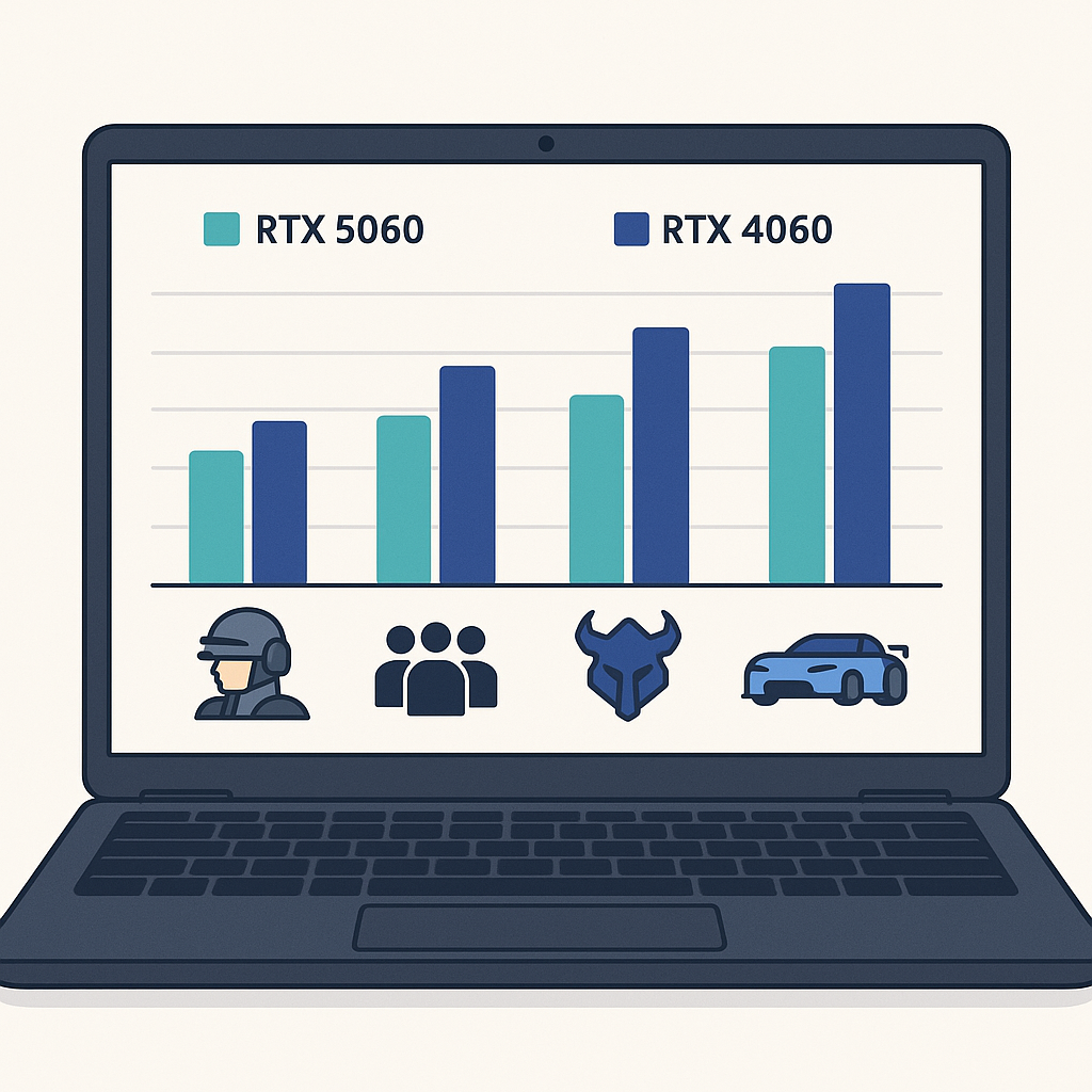 Gaming laptop performance comparison chart showing RTX 5060 vs RTX 4060 fps benchmarks across popular games