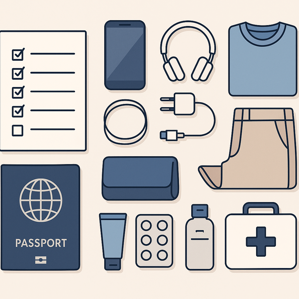 Travel packing checklist visualization with categorized items laid out on a clean background, showing passport, electronics, clothes, and medical supplies 관련 이미지
