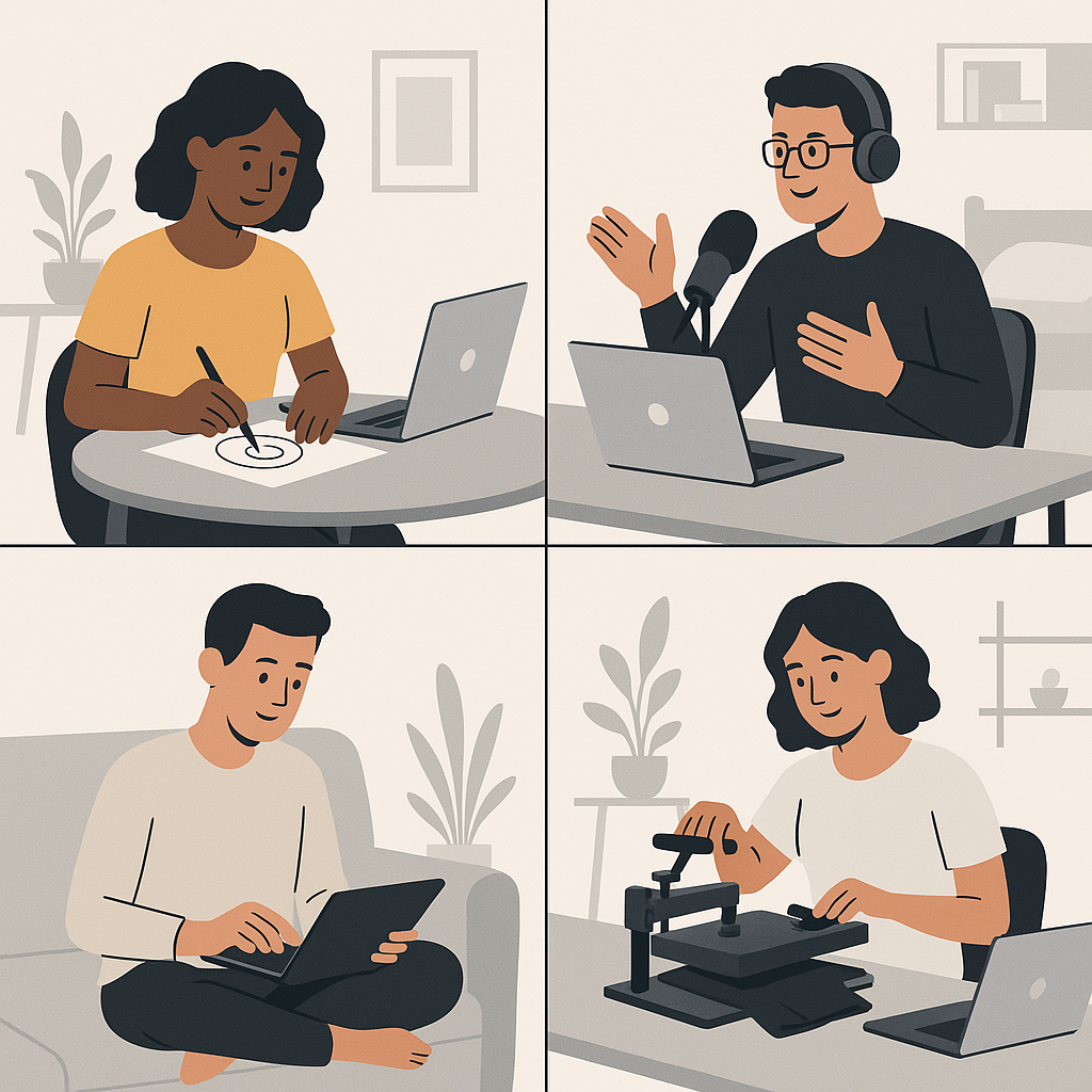 Success stories visualization showing different people working on their side hustles from home 관련 이미지