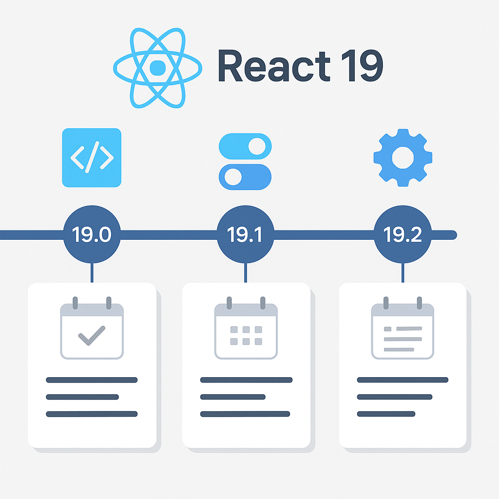 React 19 release timeline showing version progression from 19.0 to 19.2 with key features and dates 관련 이미지