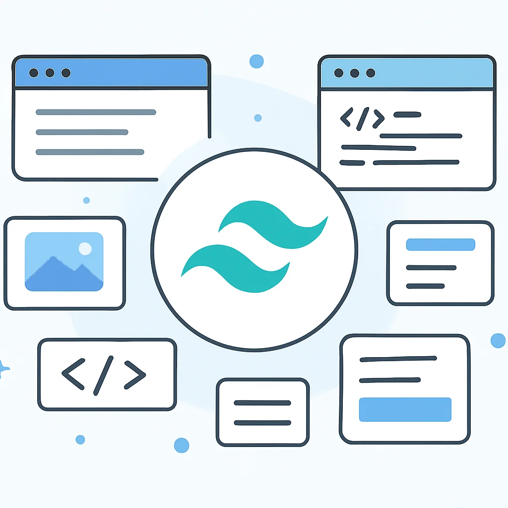프론트엔드 개발 효율성을 상징하는 Tailwind CSS 로고와 UI 컴포넌트 추상화 이미지