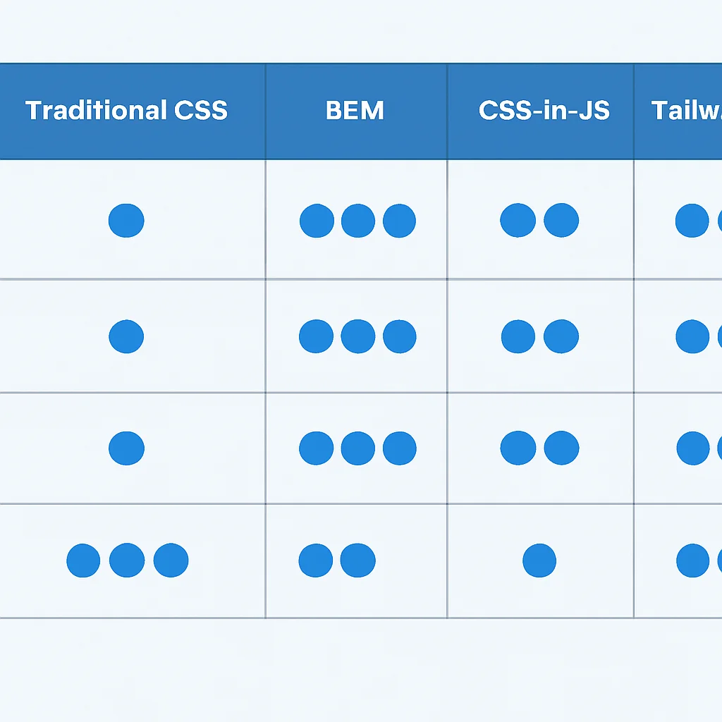 CSS 방법론별 비교표: 전통 CSS, BEM, CSS-in-JS, Tailwind CSS