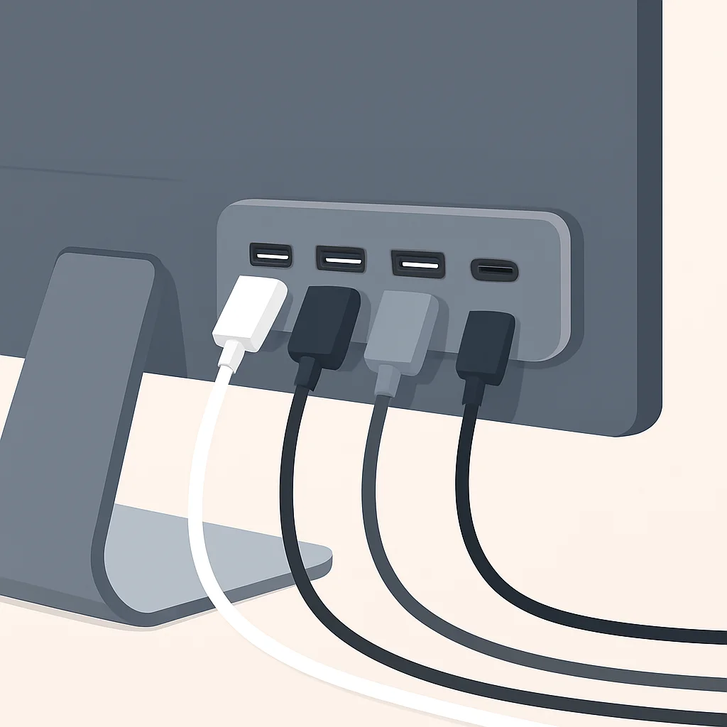 USB-C 허브 모니터와 연결된 기기들