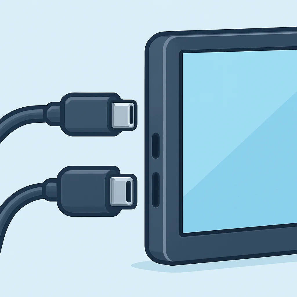 휴대용 모니터의 USB-C 및 HDMI 포트 클로즈업, 다양한 연결 옵션 시연