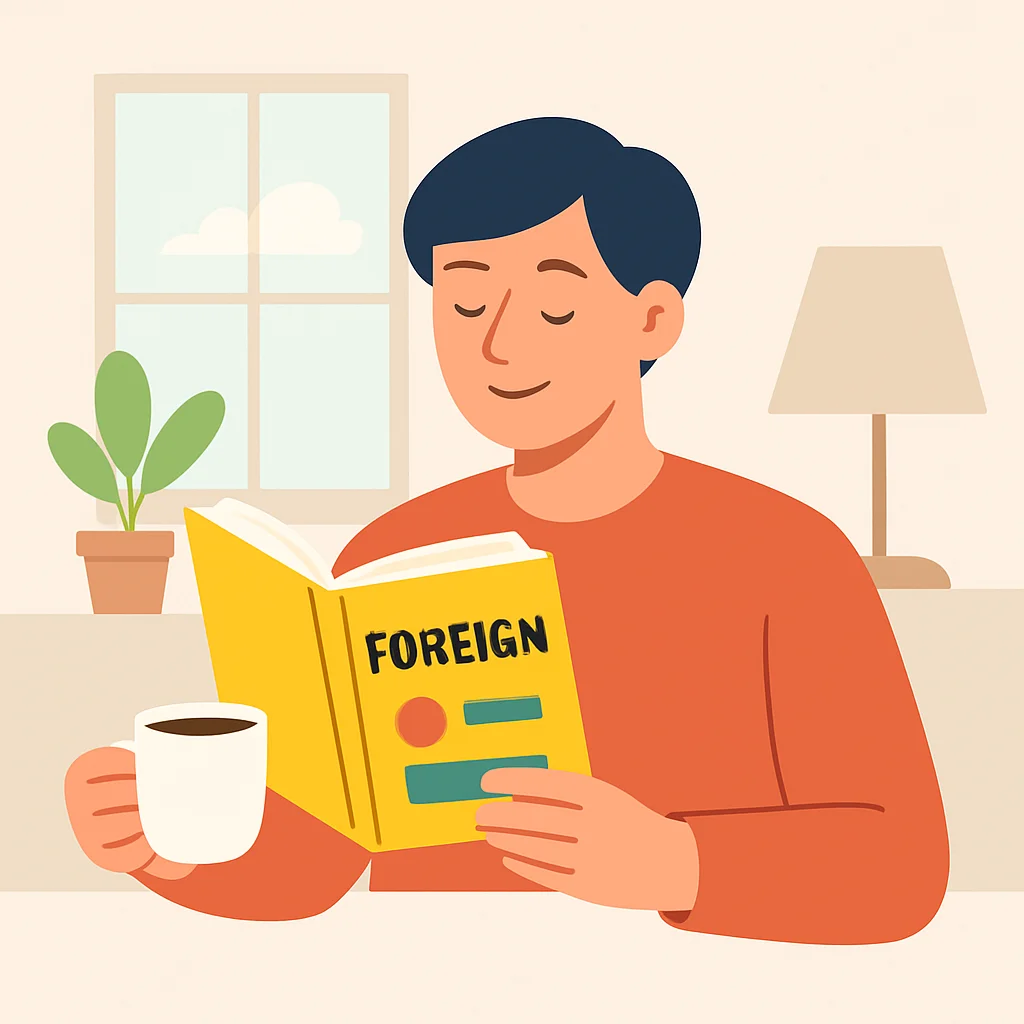 편안한 환경에서 외국어 원서를 즐겁게 읽는 사람