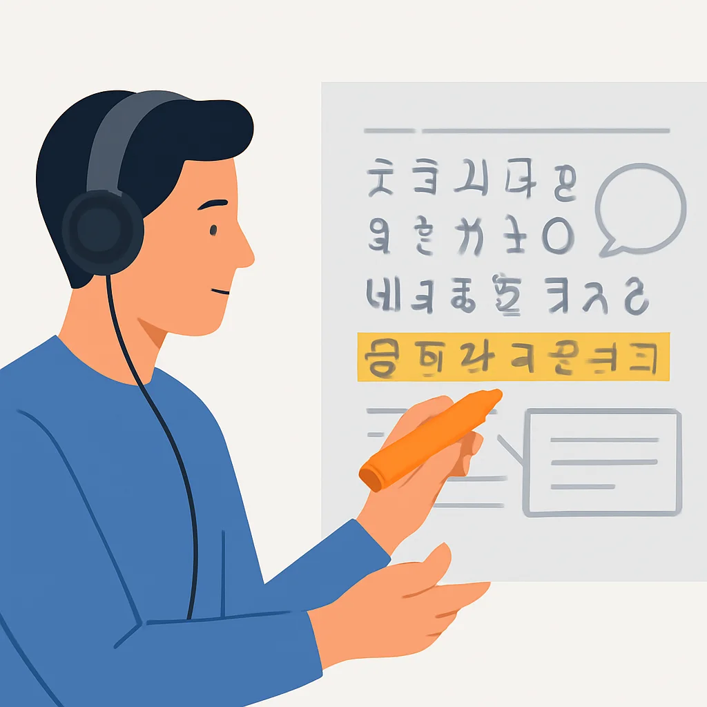 헤드폰으로 오디오를 들으며 외국어 스크립트에 하이라이트하고 주석을 다는 사람