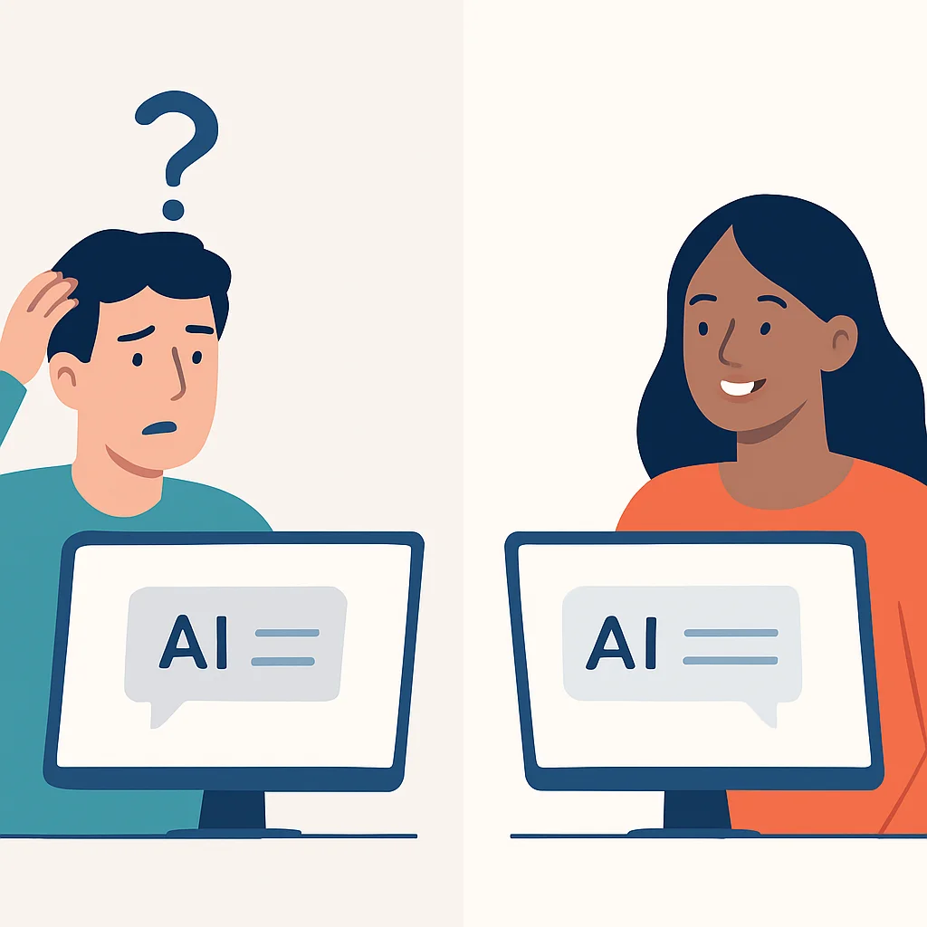 일반적인 AI 답변에 혼란스러워하는 사람과 맞춤형 답변에 만족하는 사람 (좋은 프롬프트 vs 나쁜 프롬프트)
