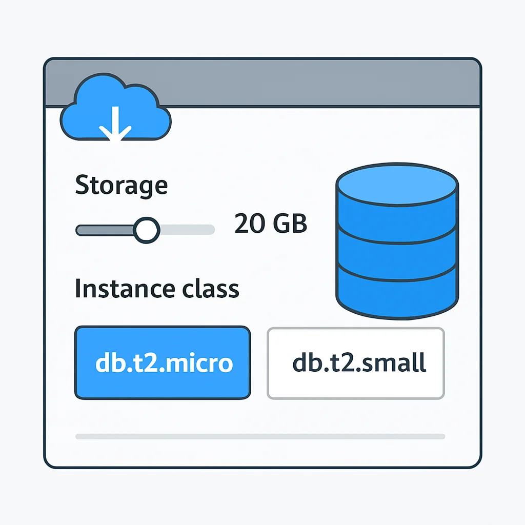 AWS RDS 인스턴스 구성 화면 (스토리지 및 인스턴스 클래스)