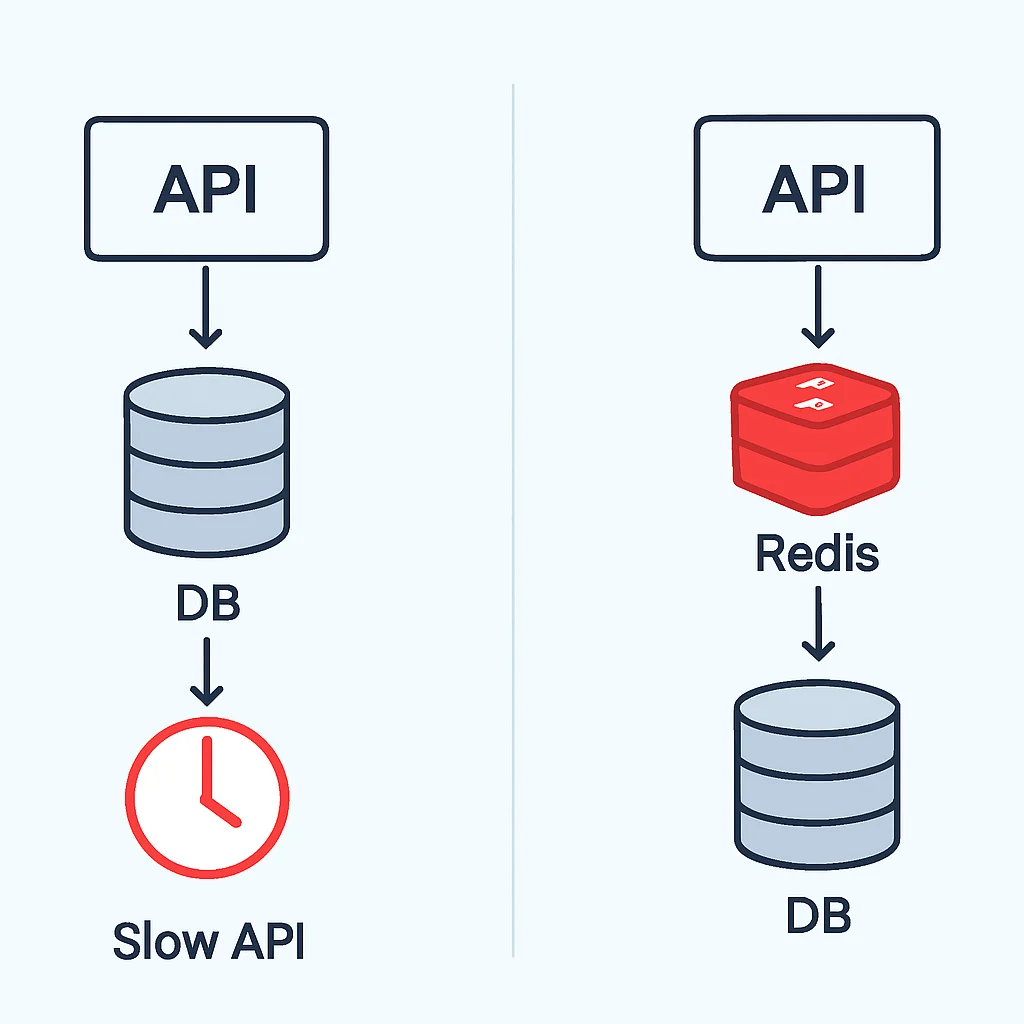 느린 API와 Redis 캐싱을 통한 빠른 API 응답 속도 비교 다이어그램