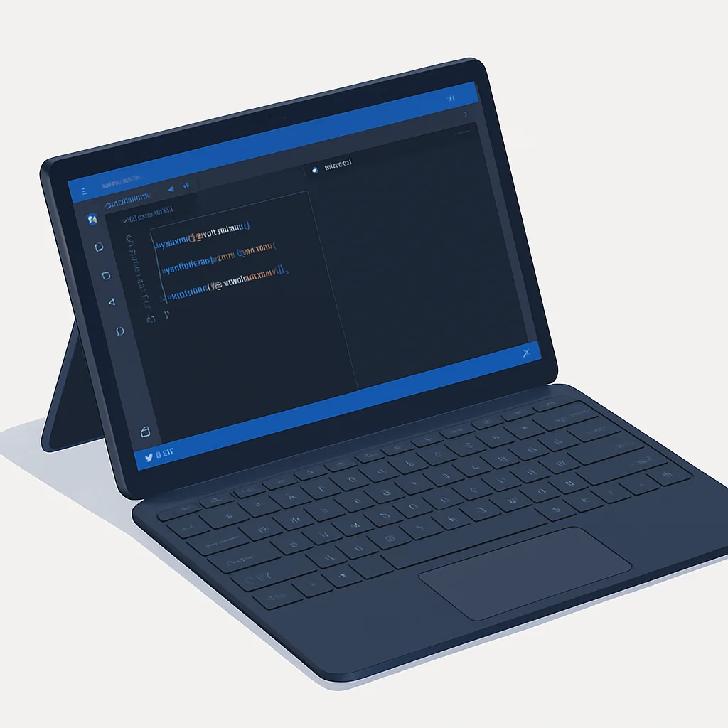 마이크로소프트 서피스 프로 11이 키보드 커버와 함께 Visual Studio Code와 WSL 터미널을 실행하여 완전한 개발 환경을 보여주는 모습