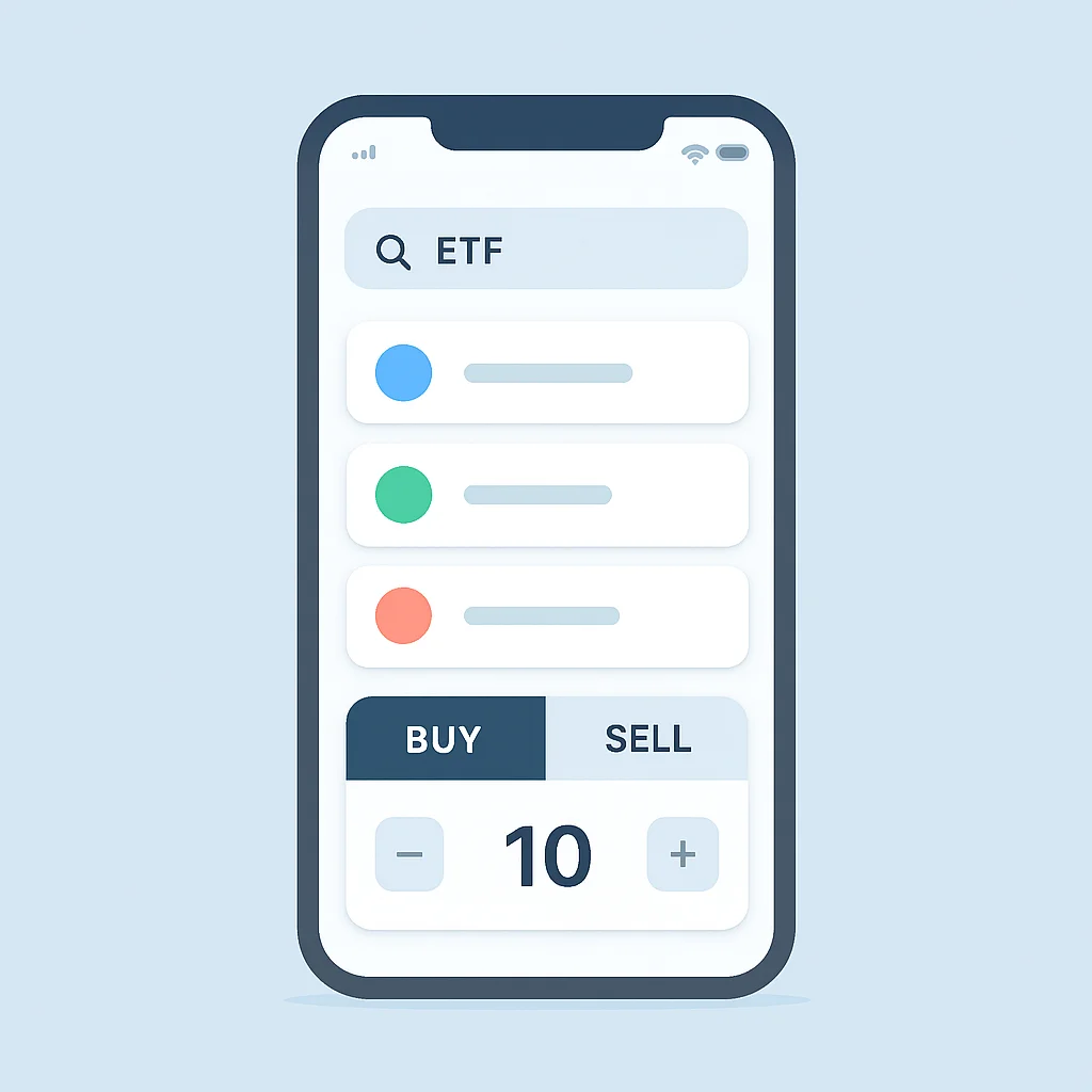 증권사 MTS 앱 ETF 검색 및 매수/매도 화면 예시
