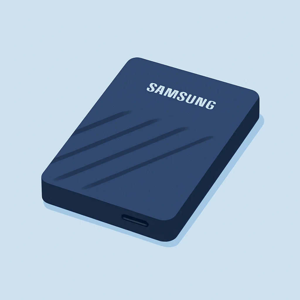 삼성 포터블 SSD T9 제품 이미지와 개발자가 노트북으로 작업하는 모습