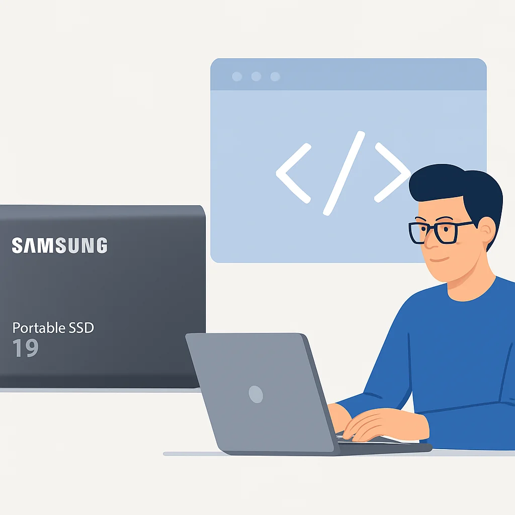 삼성 포터블 SSD T9 제품 이미지와 개발자가 노트북으로 작업하는 모습