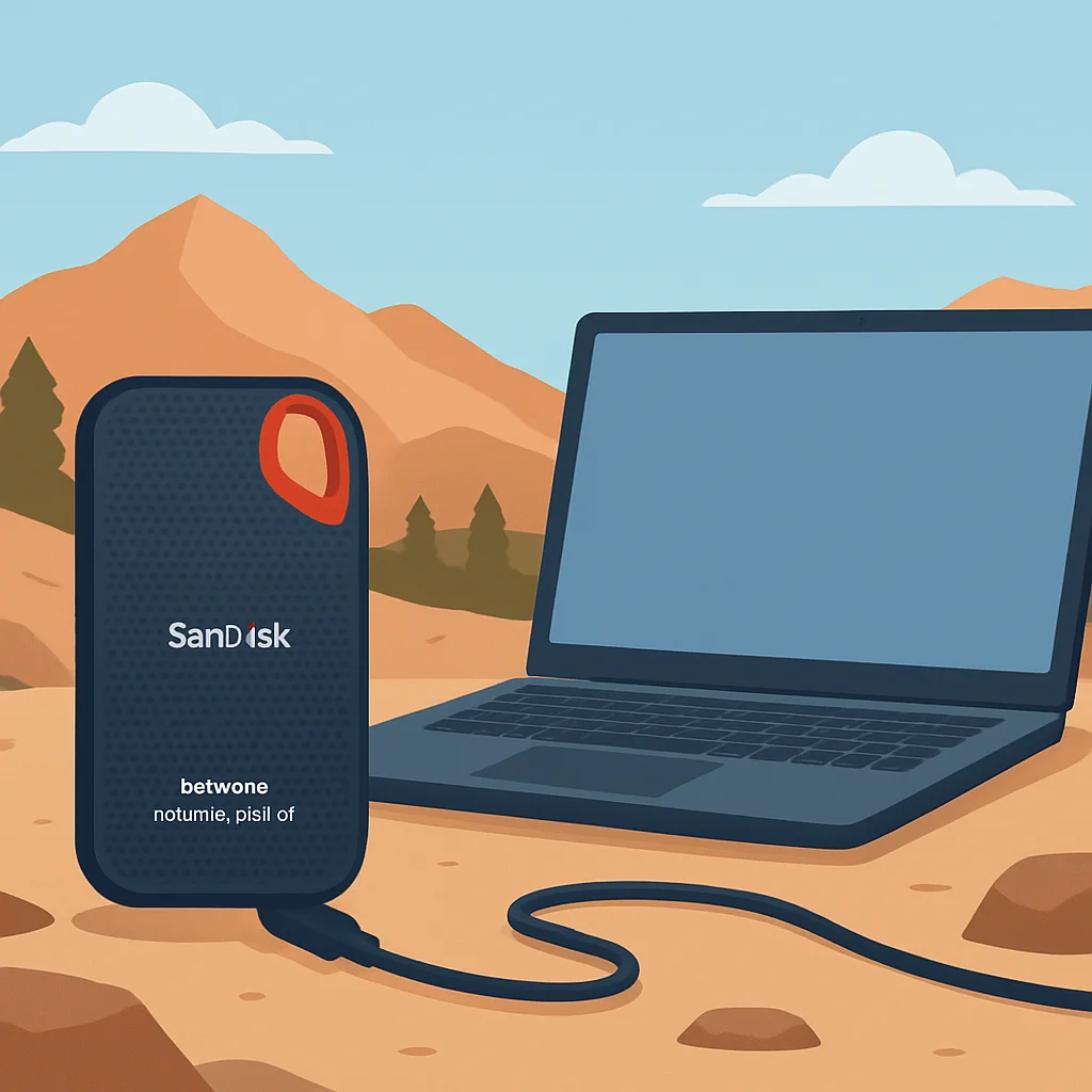 샌디스크 익스트림 포터블 SSD V2의 견고한 디자인과 야외에서 노트북으로 작업하는 모습