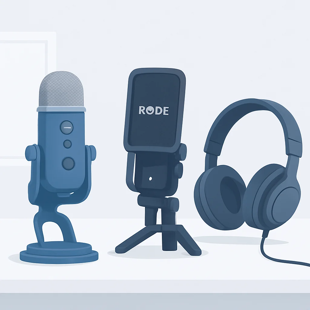 블루 예티와 로데 NT-USB+ 마이크가 놓인 깔끔한 데스크 셋업