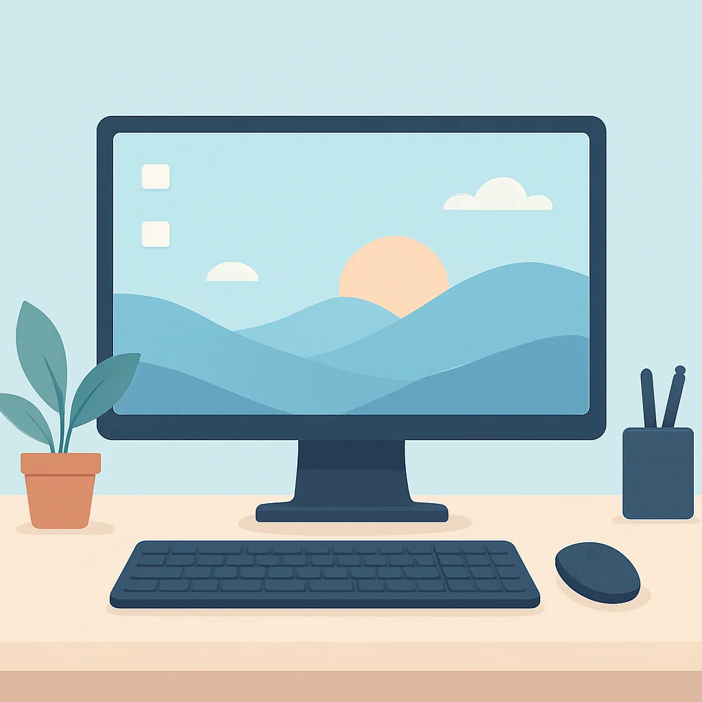최소한의 아이콘과 깔끔한 배경의 정리된 PC 바탕 화면
