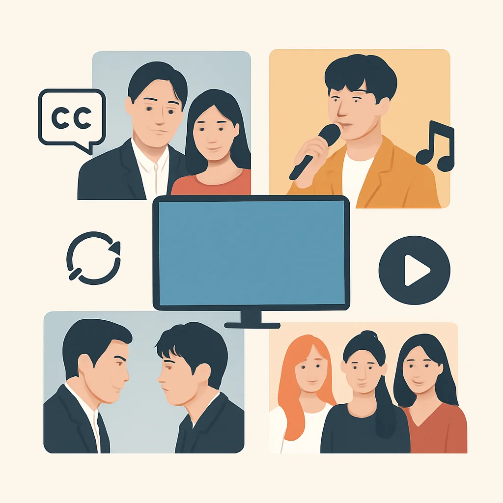 인기 외국 드라마, 영화, K-POP 아티스트 콜라주와 학습 도구 아이콘