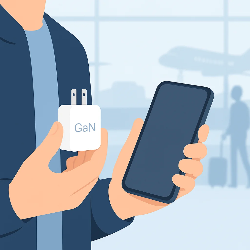 GaN 충전기를 들고 여행을 떠나는 모습, 휴대성을 강조