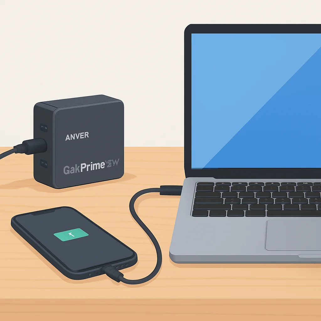 Anker 737 충전기로 맥북 프로와 아이폰을 동시에 충전하는 모습