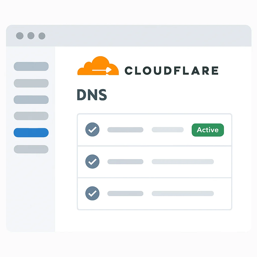 Cloudflare 대시보드 DNS 설정 화면: 활성화 상태 표시