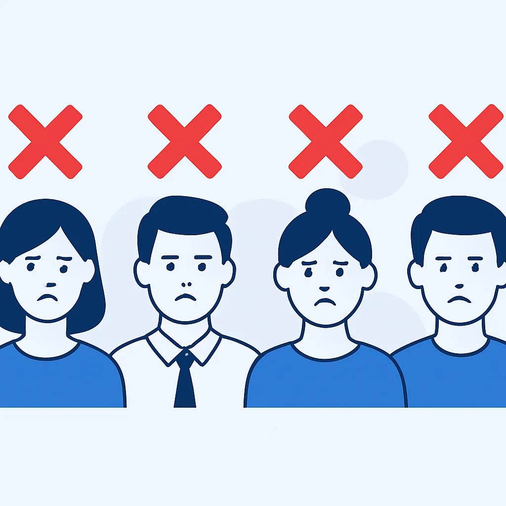 연봉 협상에서 흔히 저지르는 실수들을 보여주는 이미지 (불행한 얼굴과 빨간색 X 표시)