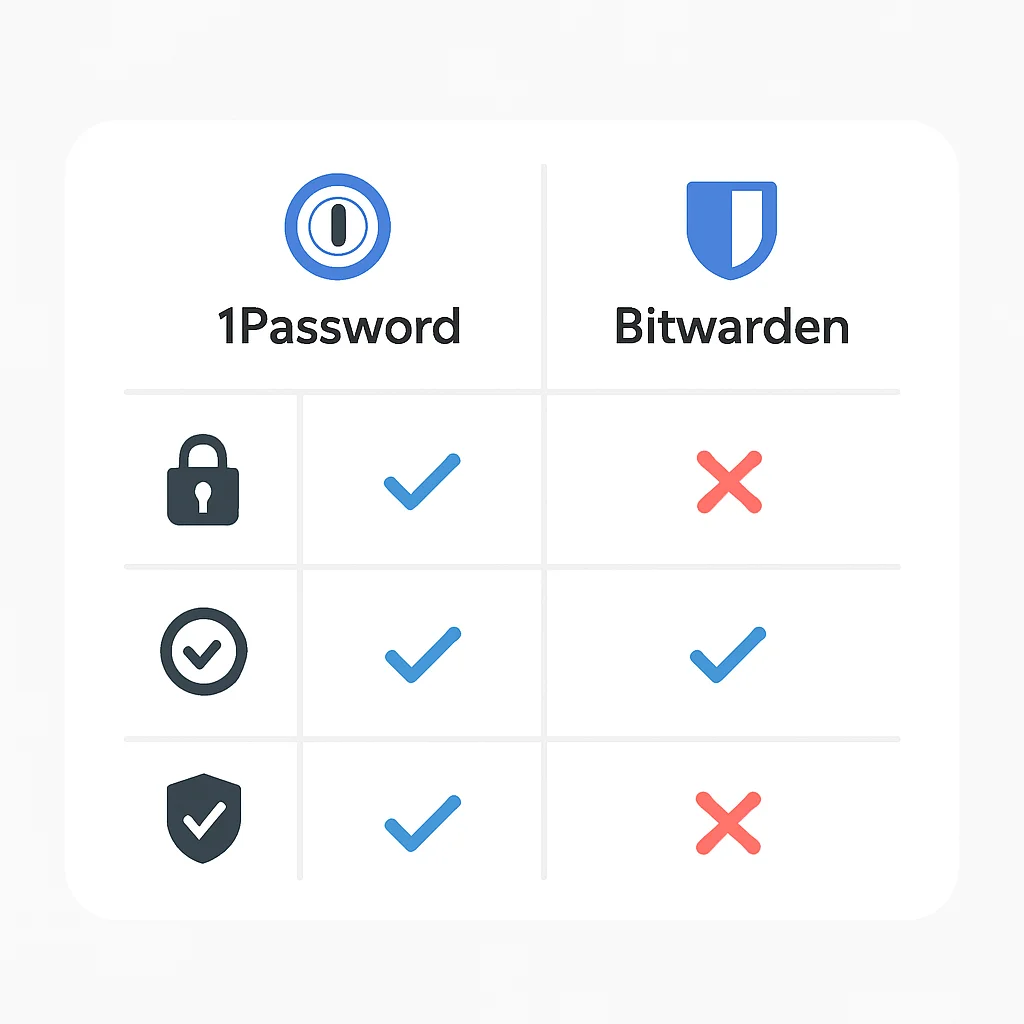 1Password와 Bitwarden 보안 기능 비교표