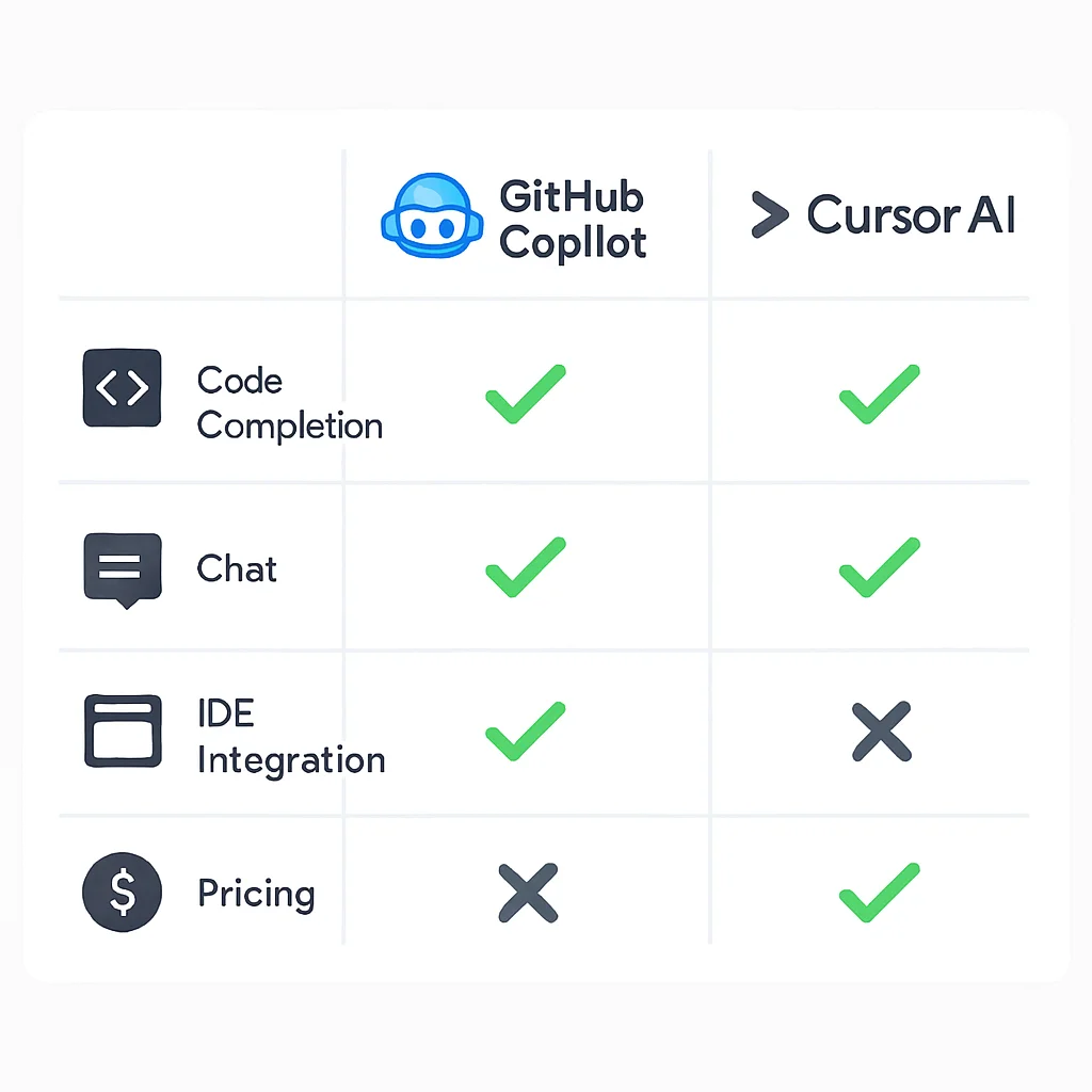 GitHub Copilot과 Cursor AI 기능 비교표
