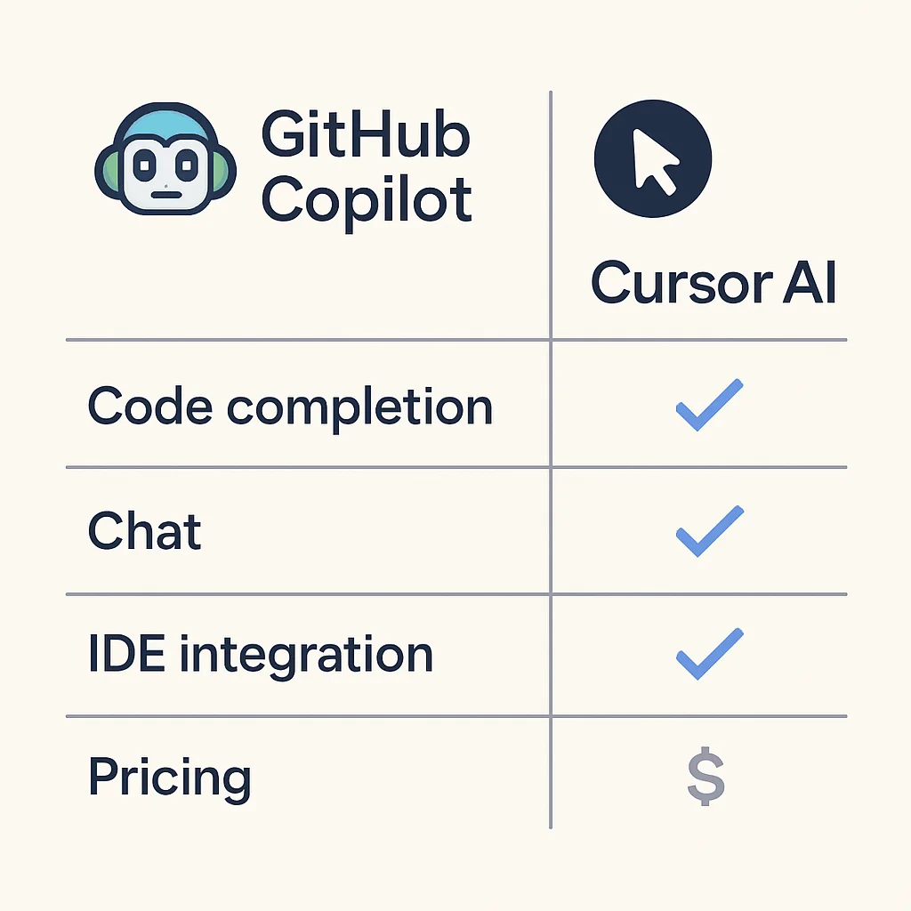 GitHub Copilot과 Cursor AI 기능 비교표