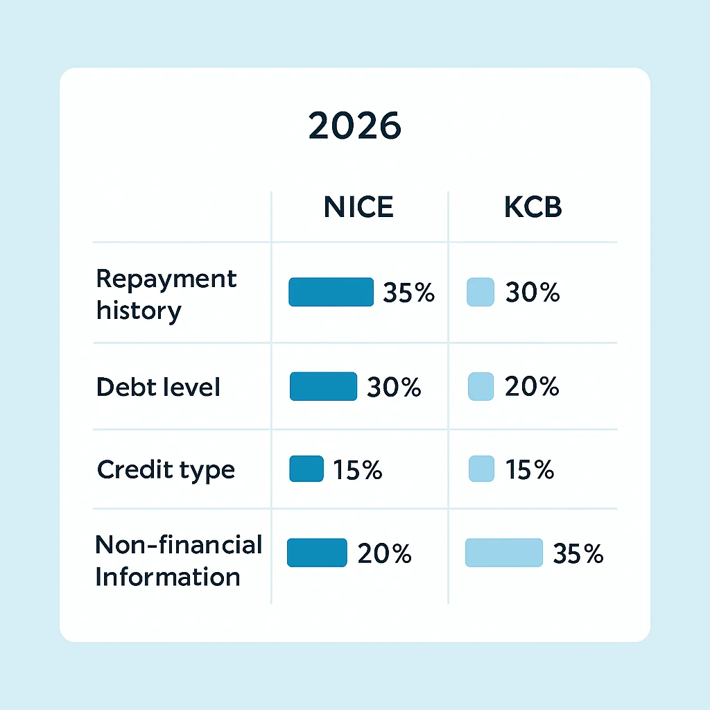 2026년 NICE와 KCB 신용점수 평가 기준 비교표
