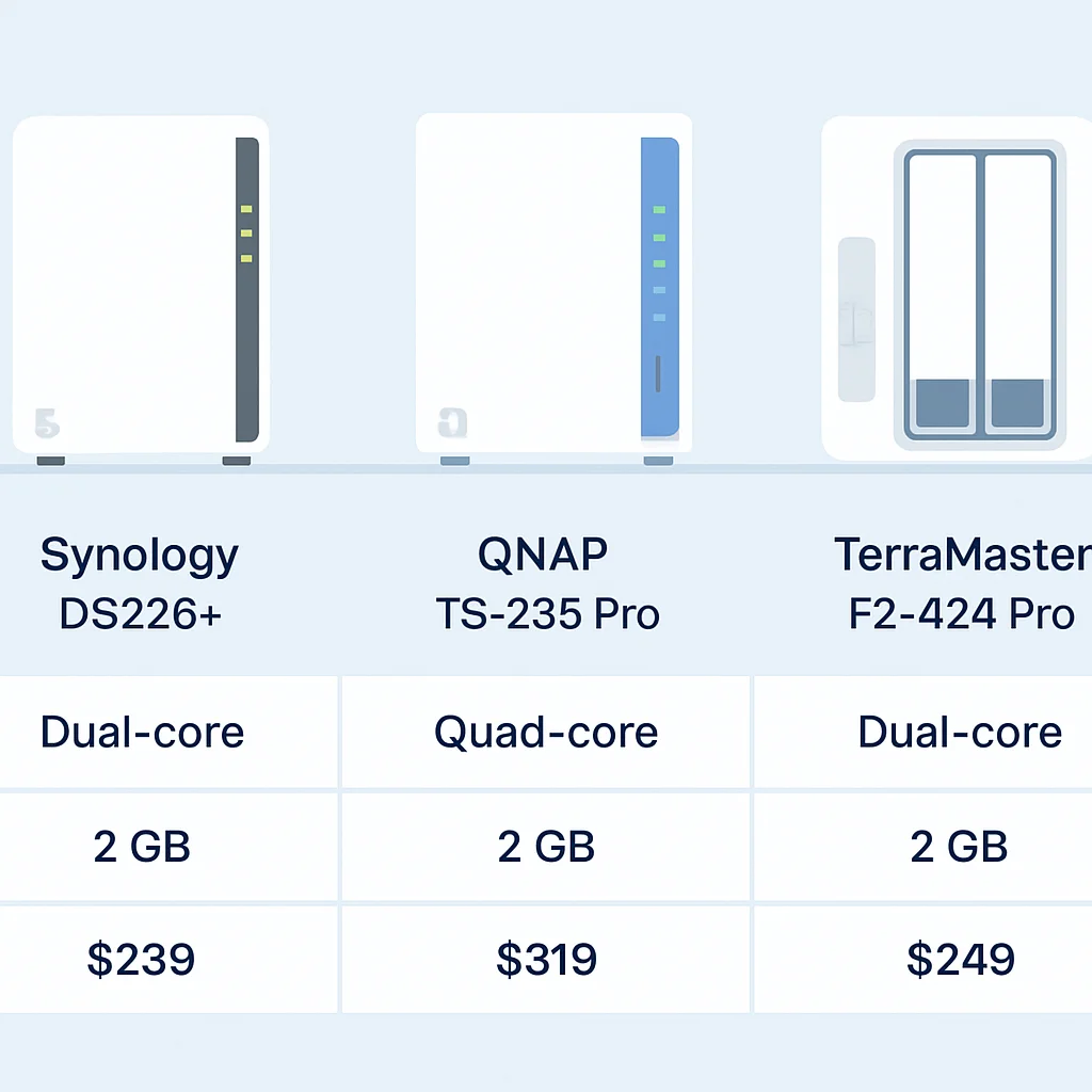 시놀로지, 큐냅, 테라마스터 NAS 비교 테이블 (CPU, RAM, 가격 등)