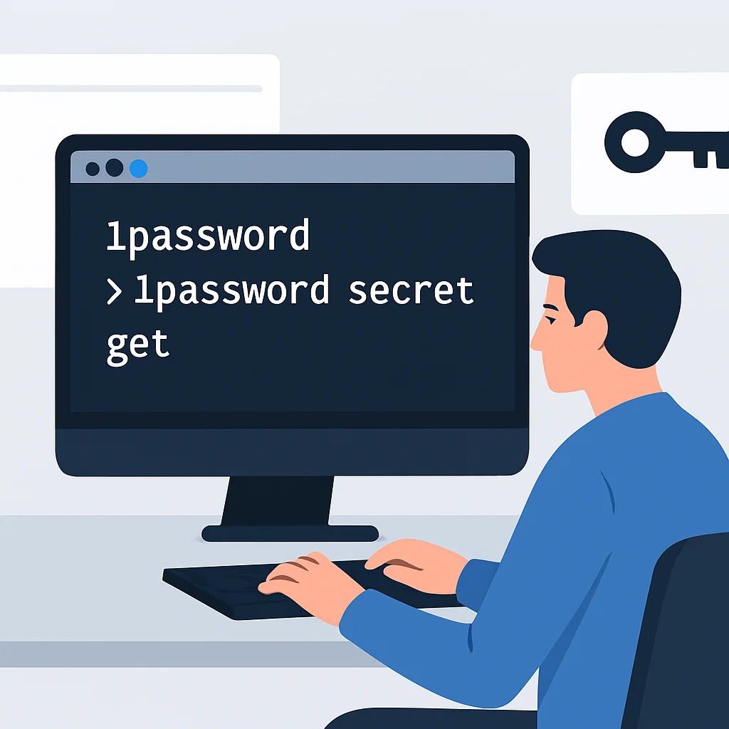 개발자가 터미널에서 1Password CLI를 사용하여 비밀 관리하는 모습