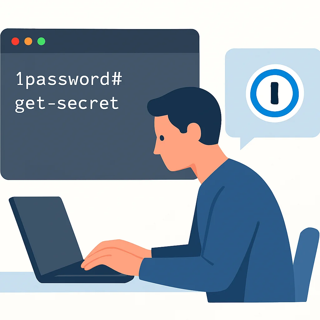 개발자가 터미널에서 1Password CLI를 사용하여 비밀 관리하는 모습