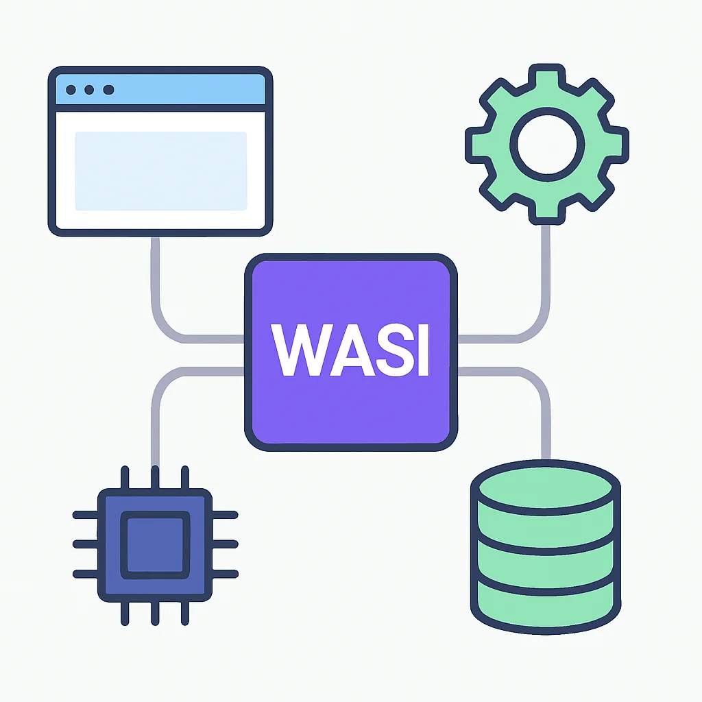 WebAssembly System Interface (WASI)를 통해 브라우저 외부 시스템 자원과 상호작용하는 WebAssembly 모듈 다이어그램