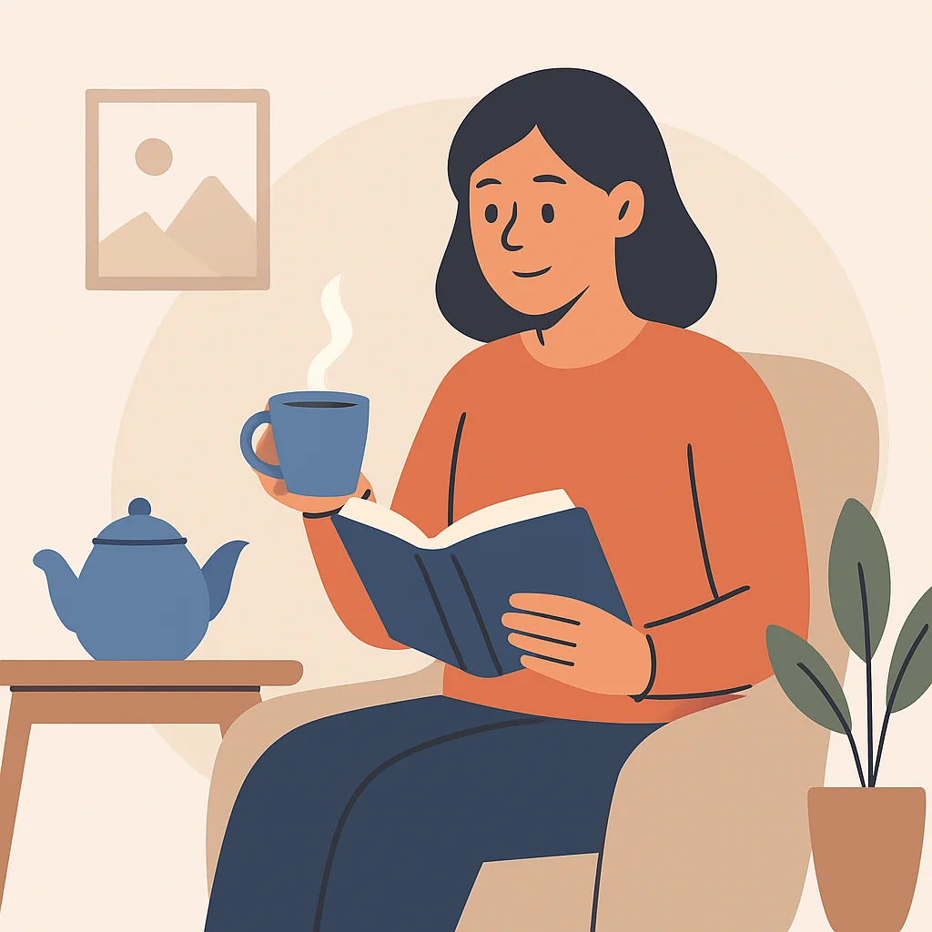 아늑한 공간에서 책을 읽으며 차를 마시는 행복한 모습, 습관을 매력적으로 만드는 상징