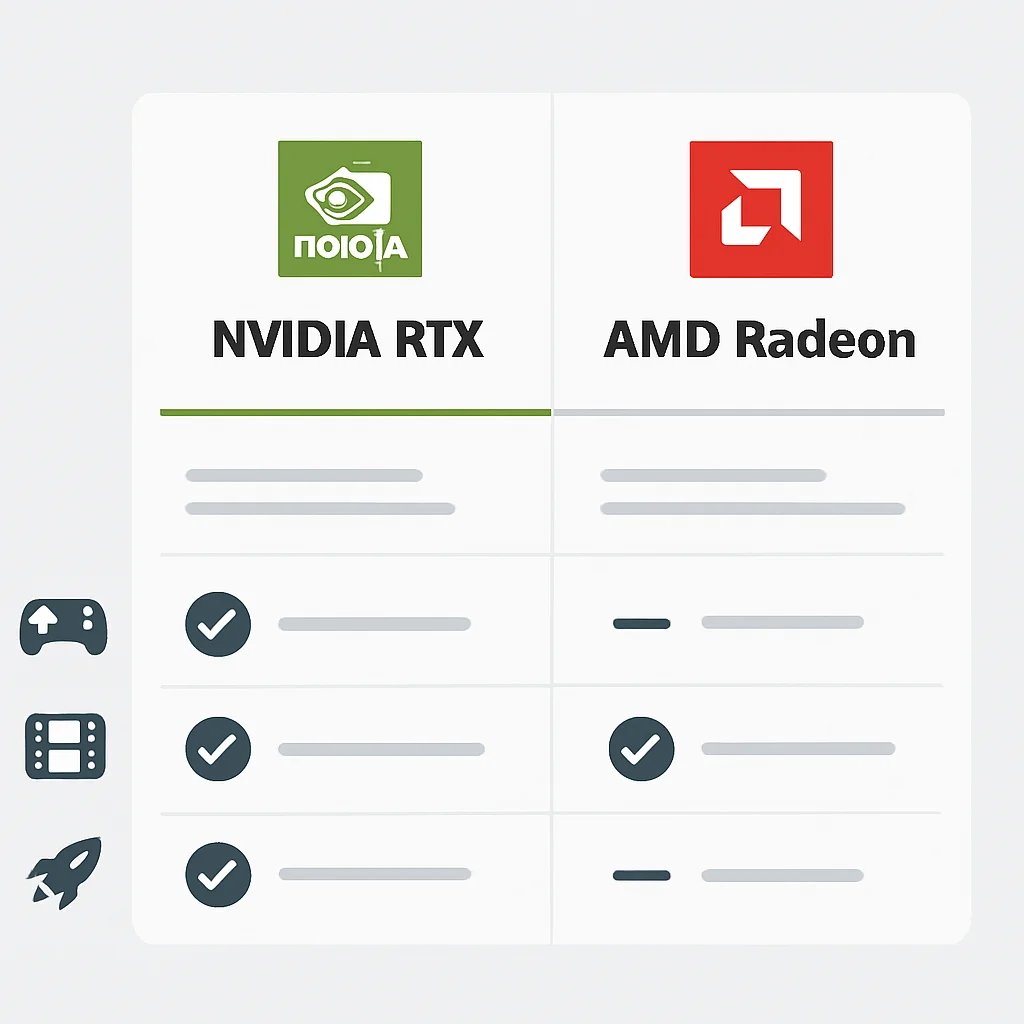 엔비디아 RTX와 AMD 라데온 GPU 사양 및 용도 비교표