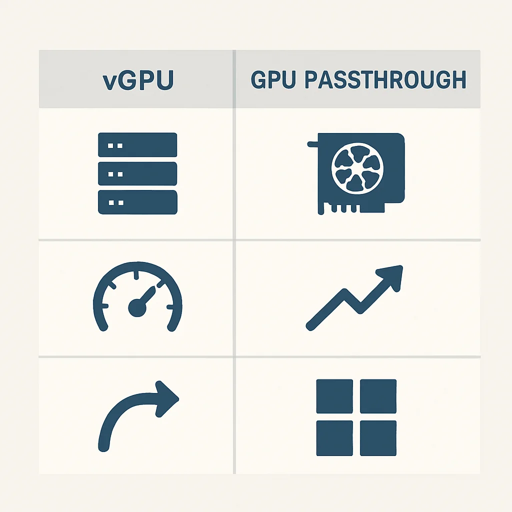 vGPU와 Passthrough 기술 비교 인포그래픽