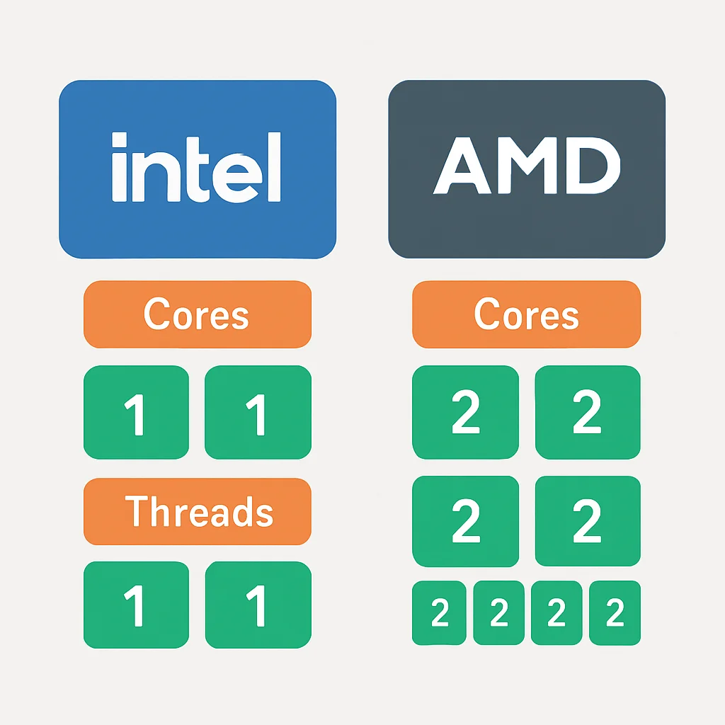 인텔과 AMD CPU 아키텍처 및 코어/스레드 비교 다이어그램