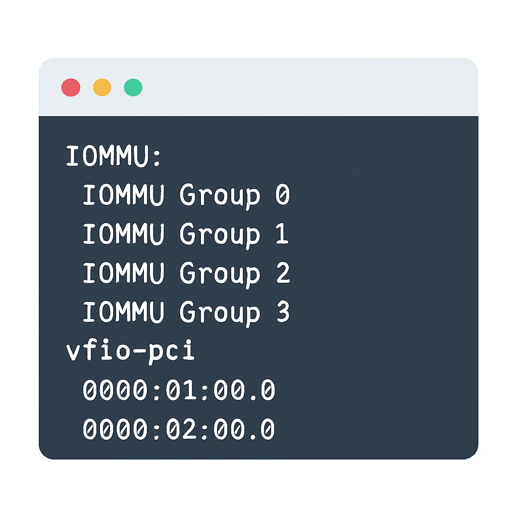 KVM GPU Passthrough 설정 터미널 화면 예시