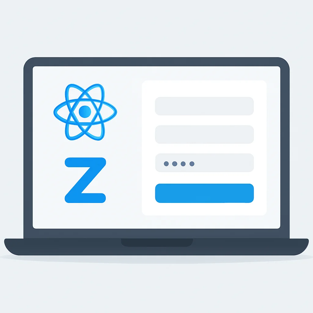 React Hook Form과 Zod 로고가 있는 노트북 화면의 깔끔한 폼 UI 이미지